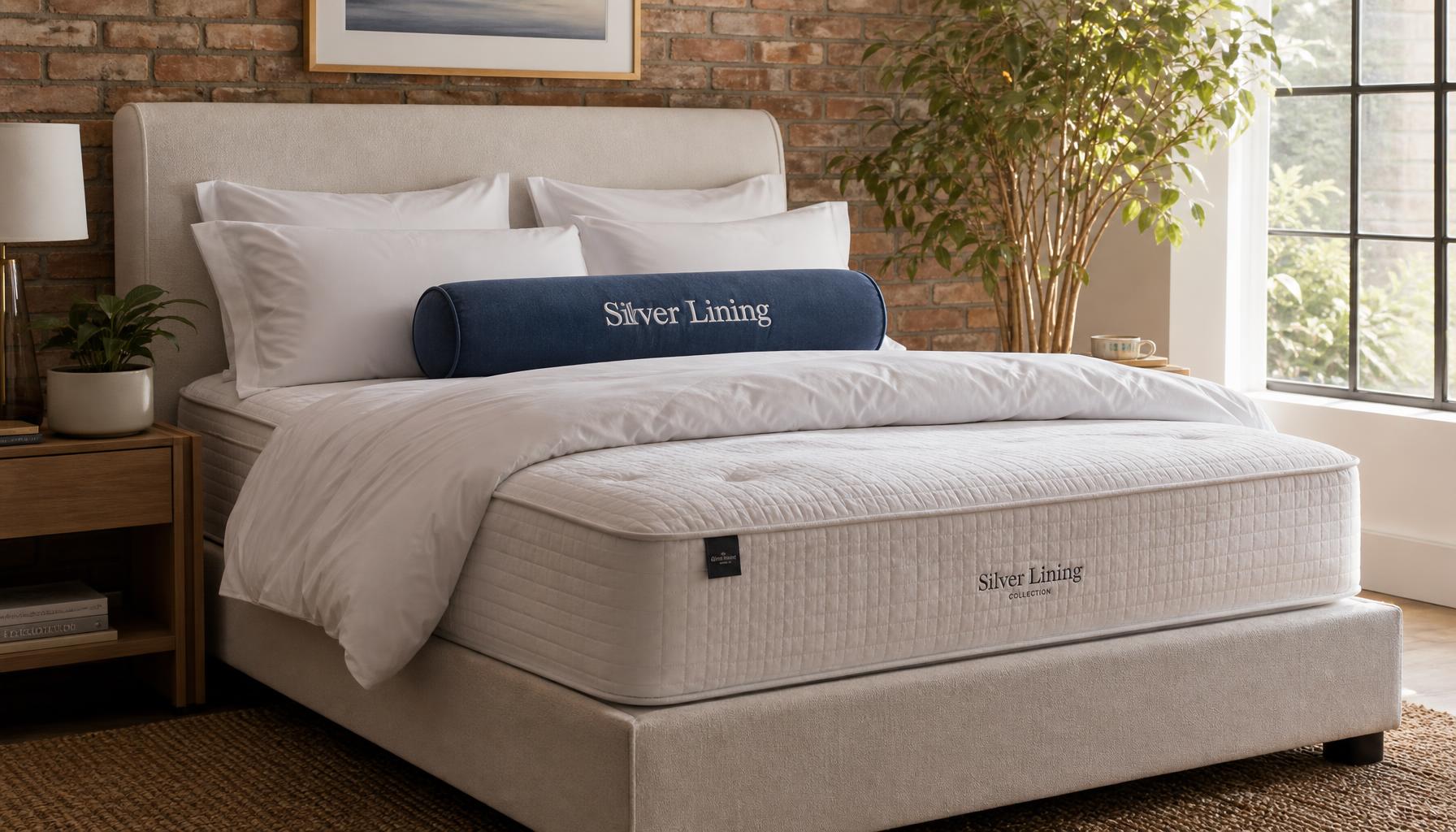 Silver Lining quilted mattress on an upholstered base with a blue bolster pillow